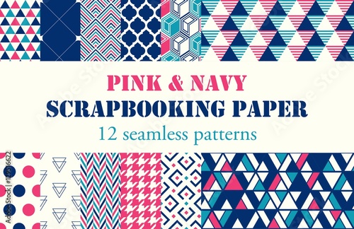 Set of 12 bright abstract patterns. Vector Collection of Bright and Colorful Backgrounds or Digital Papers. Pink & Navy colors.