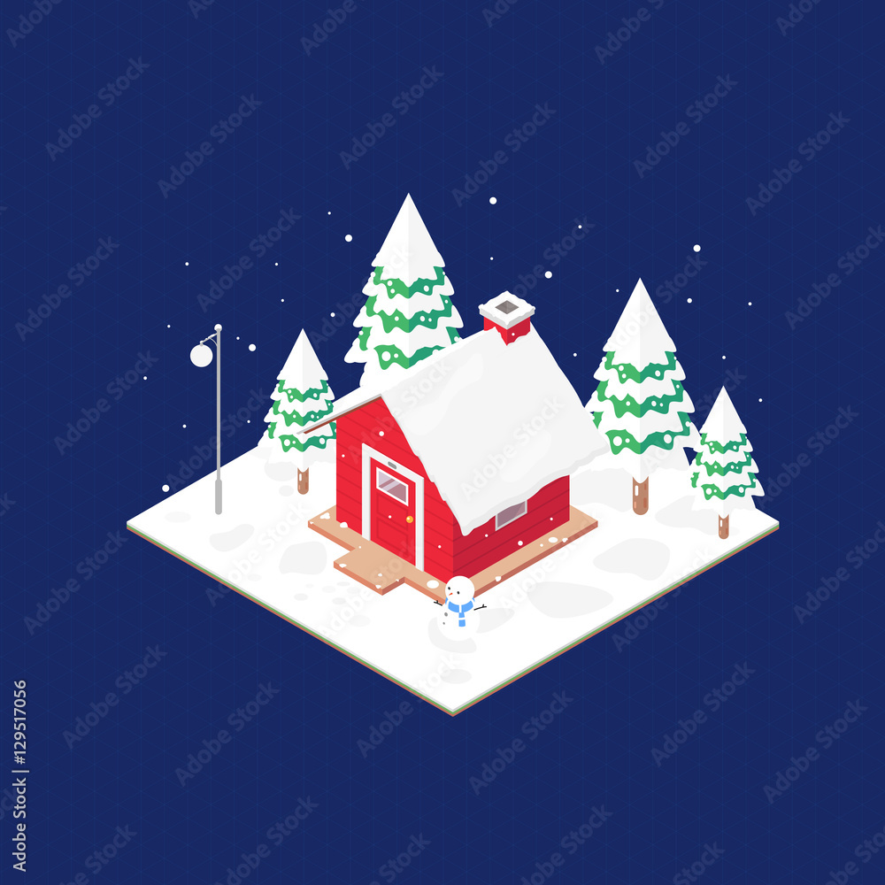 isometric red home and snow, vector