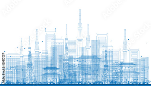 Outline City Skyscrapers and Tv Towers in Blue Color.