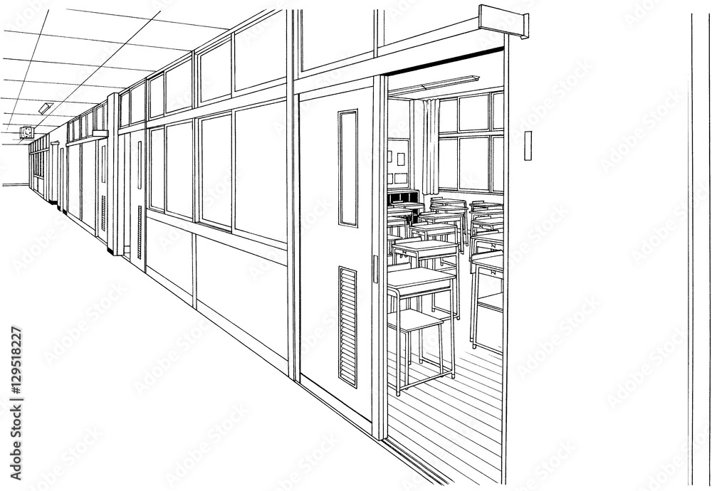 漫画風ペン画イラスト 学校廊下 Stock イラスト Adobe Stock