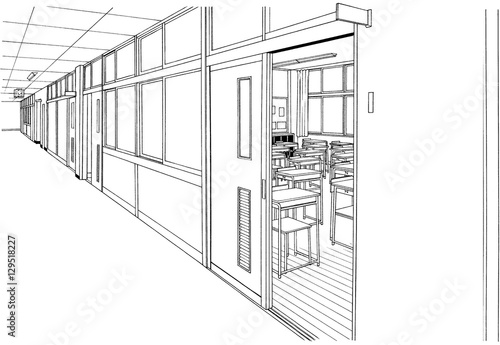 漫画風ペン画イラスト　学校廊下 © haikeisouko