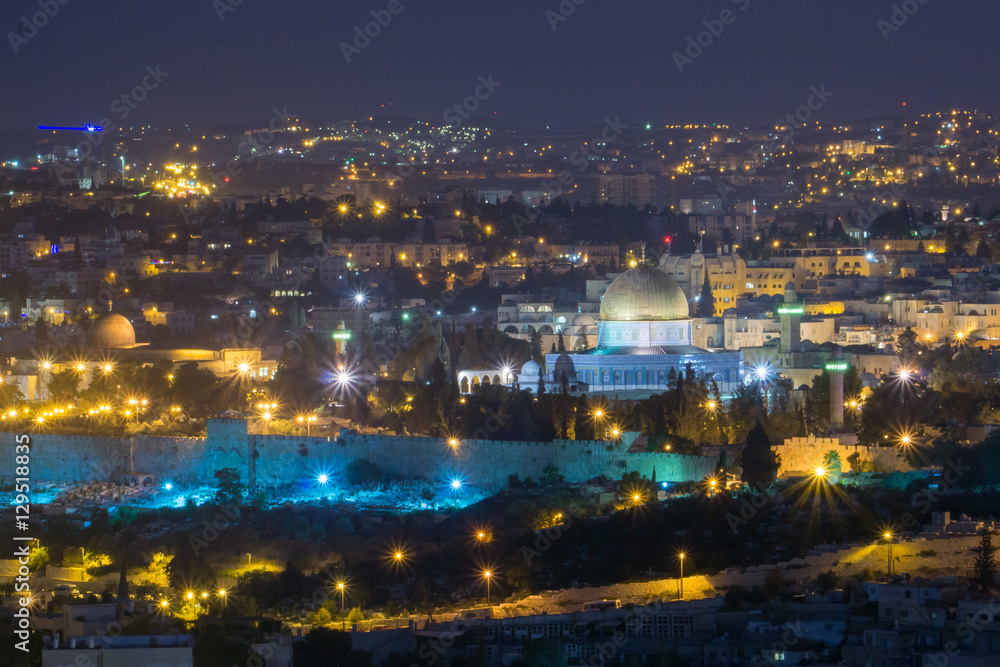 Nightime view of the dome of the rock and the old city of Jerusalem from the boardwalk / Tayelet in Armon Hantziv Jerusalem Israel