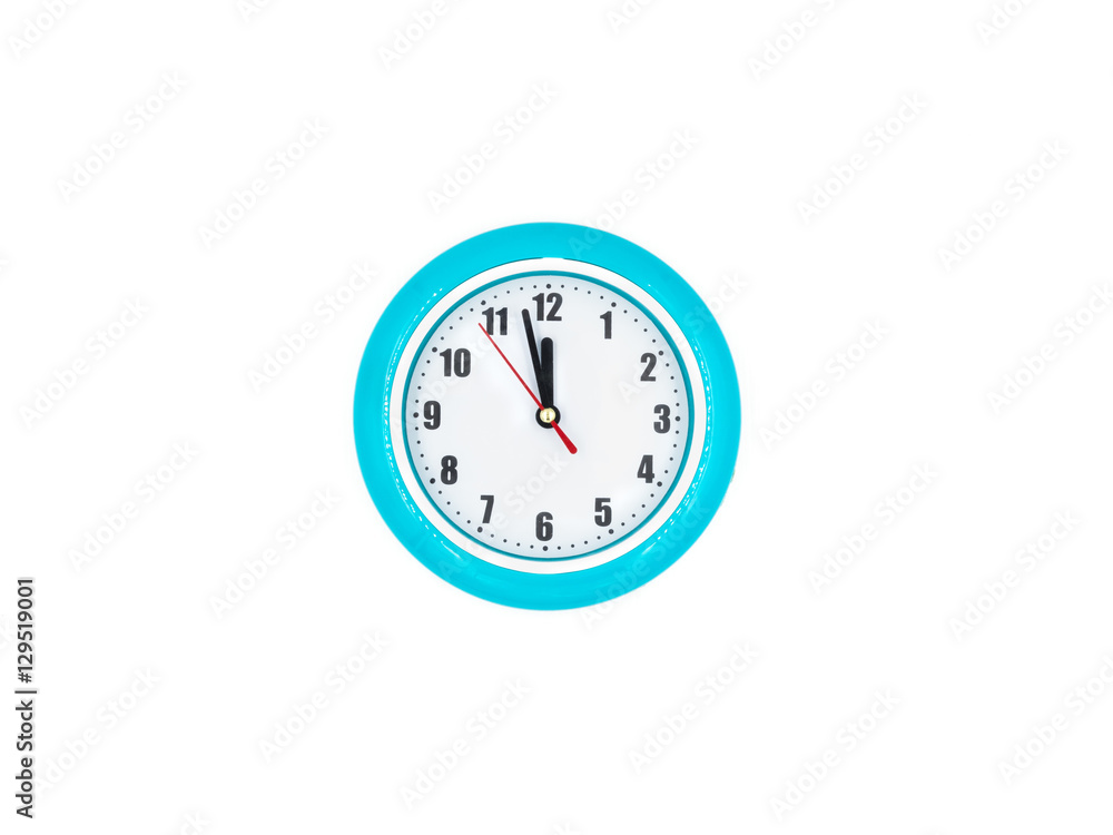 Blue wall clock on the white background, twelve o'clock Blue wall clock on the white background, twelve o'clock