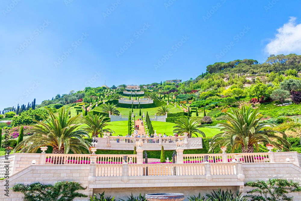 Bahai garden terraces with blossoming flowers. Haifa, Israel.