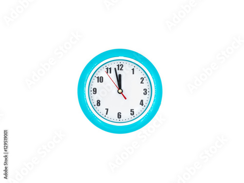 Blue wall clock on the white background, twelve o'clock