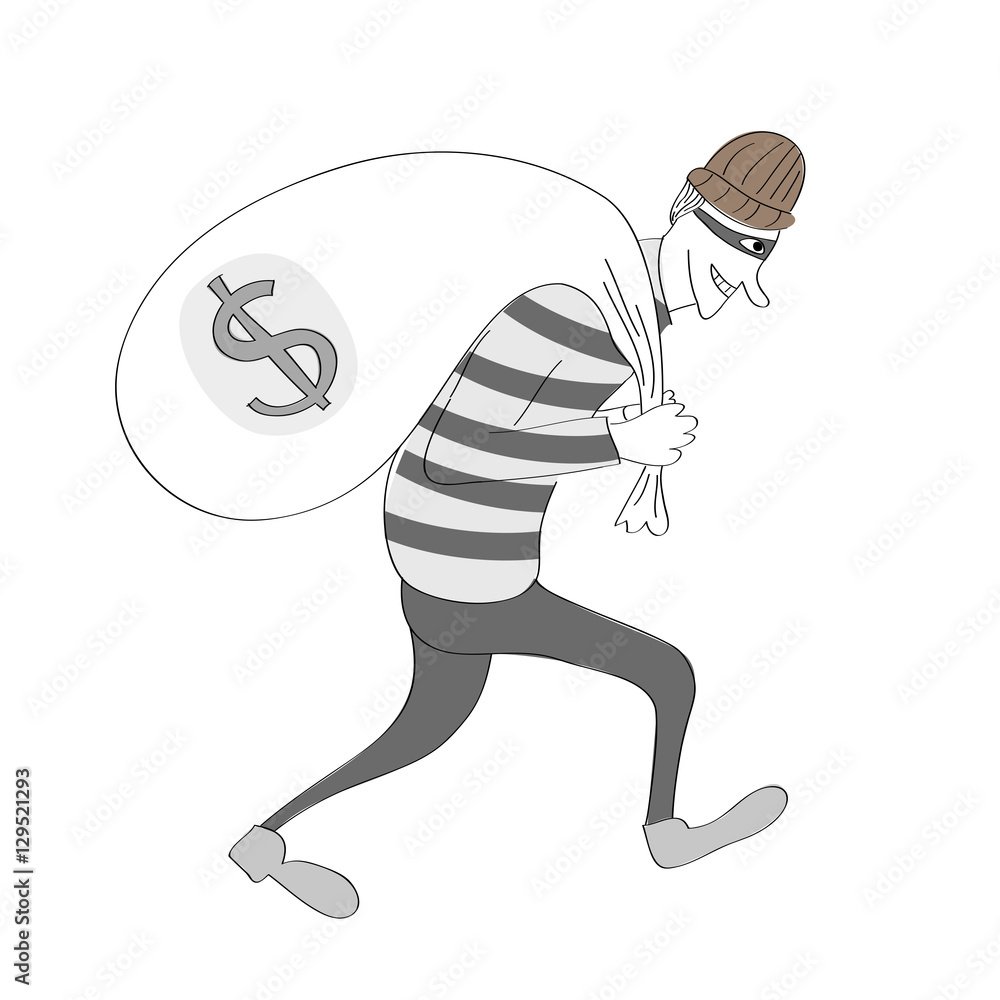Cartoon theif illustration with money bag