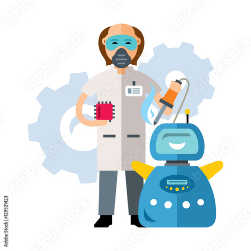 Vector assembly robot. Flat style colorful Cartoon illustration.