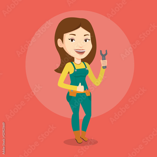 Repairman holding spanner vector illustration.