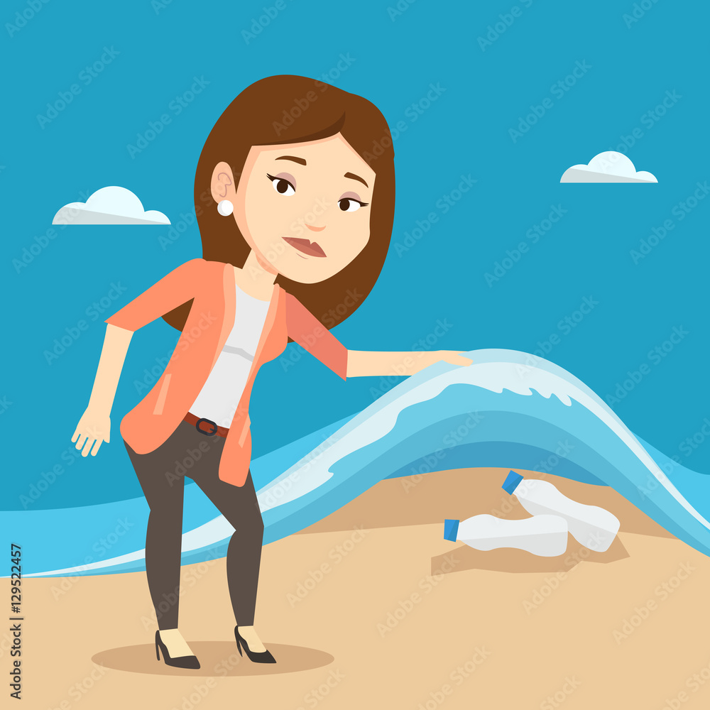 Woman showing plastic bottles under sea wave.
