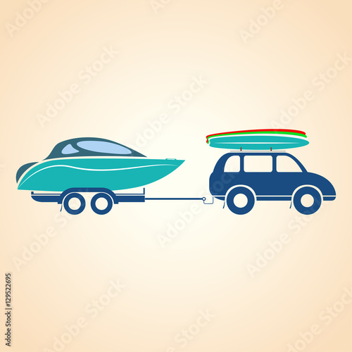 Yacht on a trailer. Surfboard. Vecor illustration