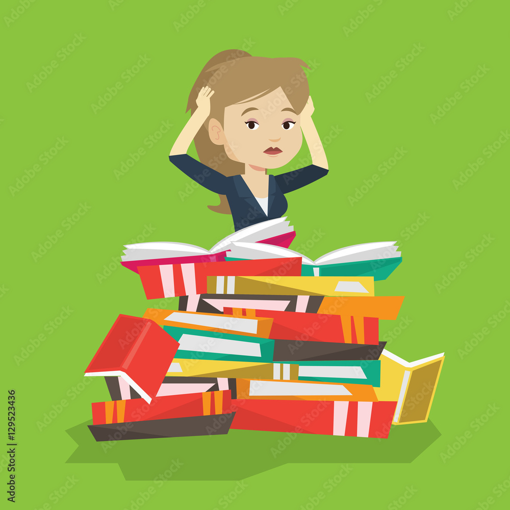Student sitting in huge pile of books. Student sitting in huge pile of books.