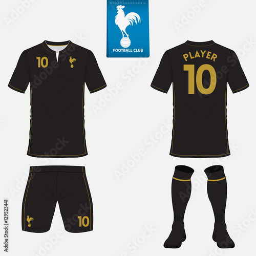 Set of soccer jersey or football kit template for football club. Flat football logo on blue label. Front and back view soccer uniform. Sport shirt mock up. Vector Illustration