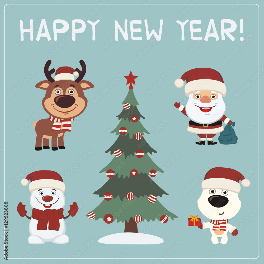 Happy New Year! Set characters: Santa Claus, reindeer, snowman, polar bear and christmas tree.