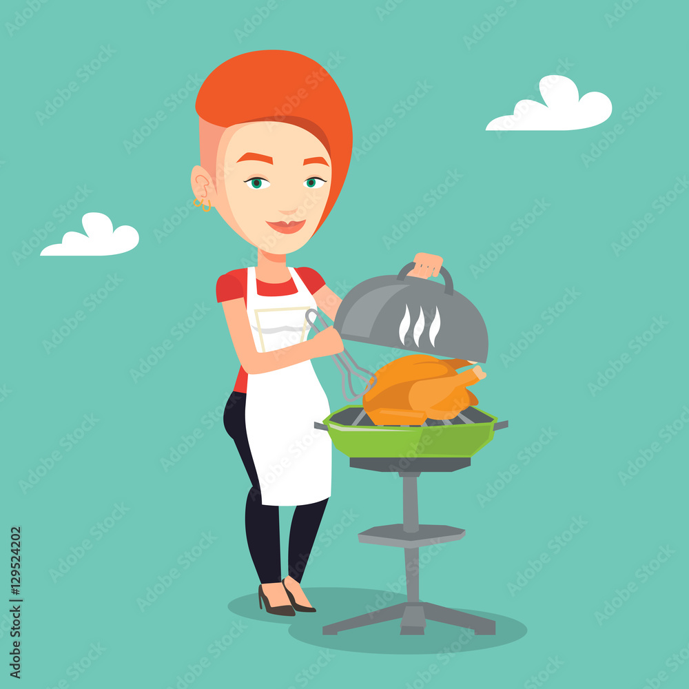 Woman cooking chicken on barbecue grill. Woman cooking chicken on barbecue grill.