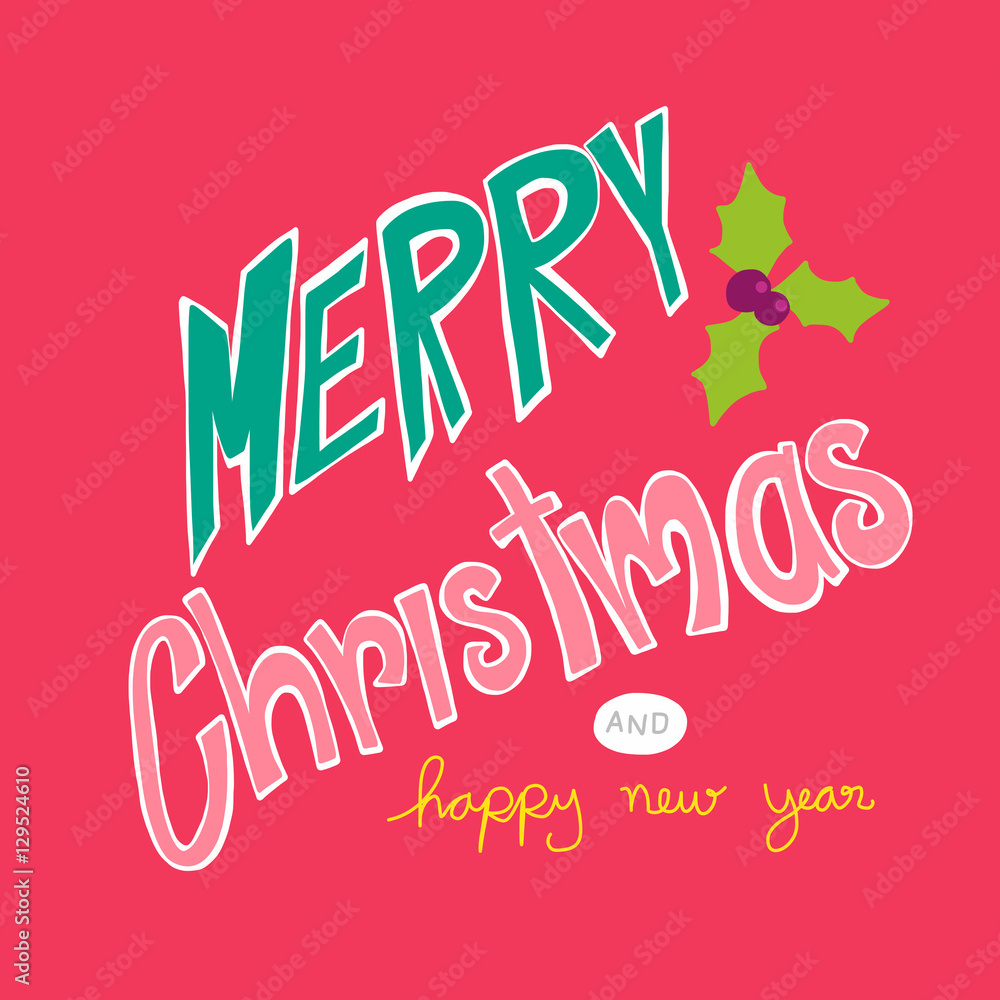 Merry Christmas and happy new year cute word lettering illustration