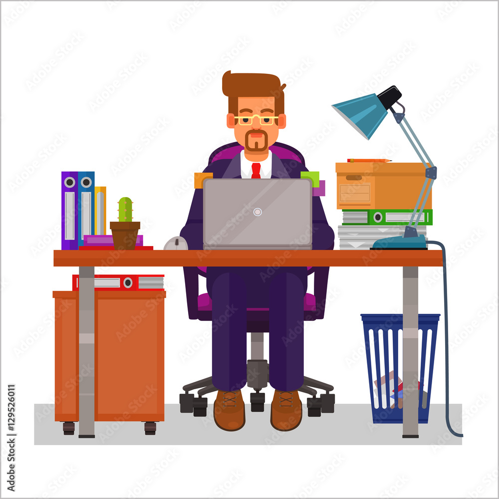 Vector flat illustration of a man working on the computer