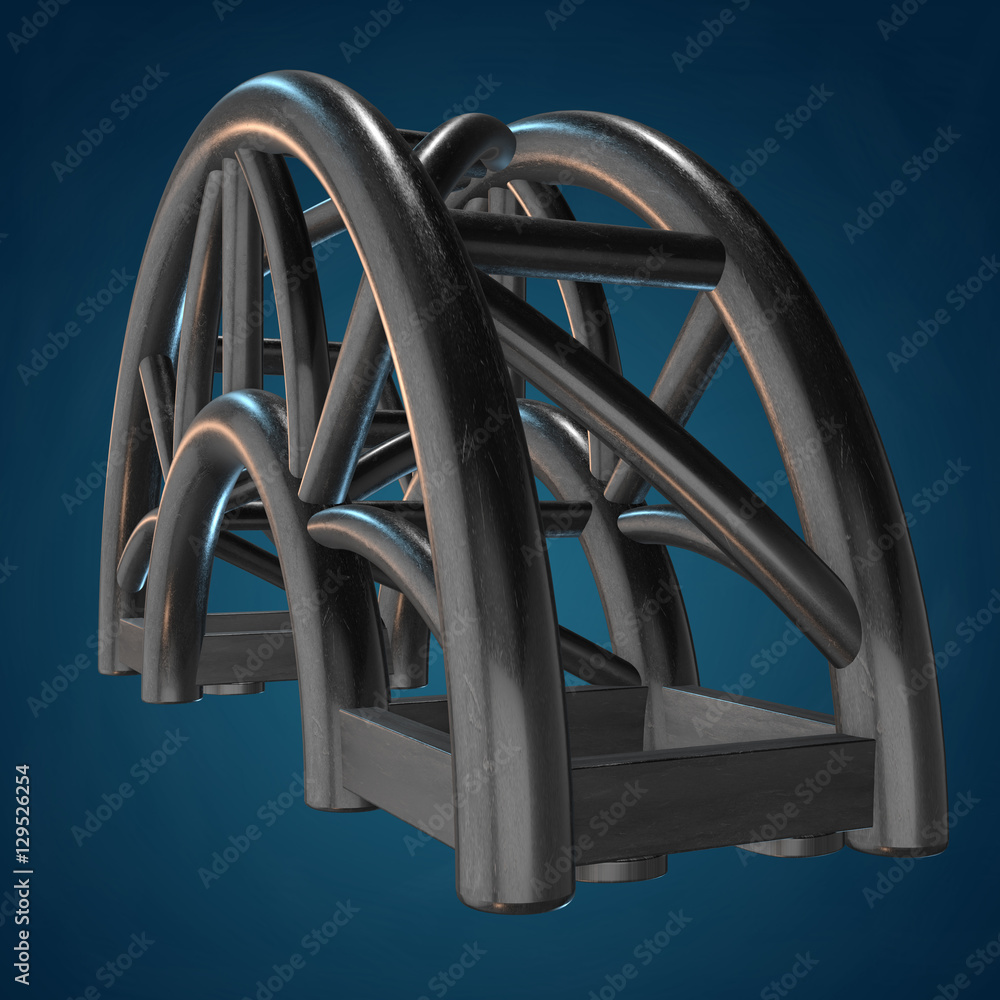 Steel truss arc girder element. 3d render on blue background