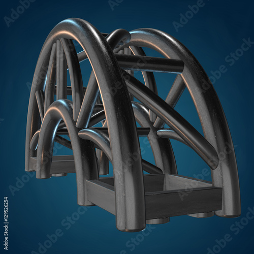 Steel truss arc girder element. 3d render on blue background