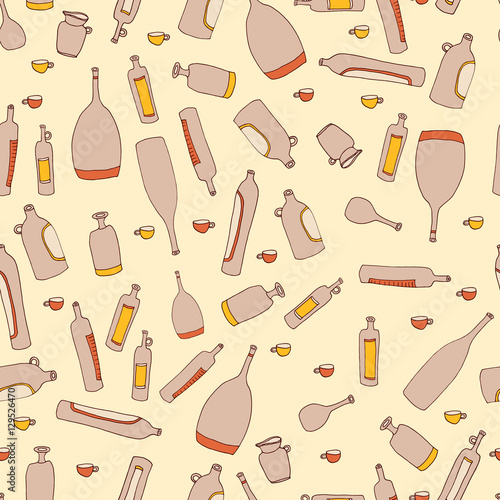Seamless vector pattern with different wine bottles, cups and jugs. Hand-drawn Georgian style for menu.