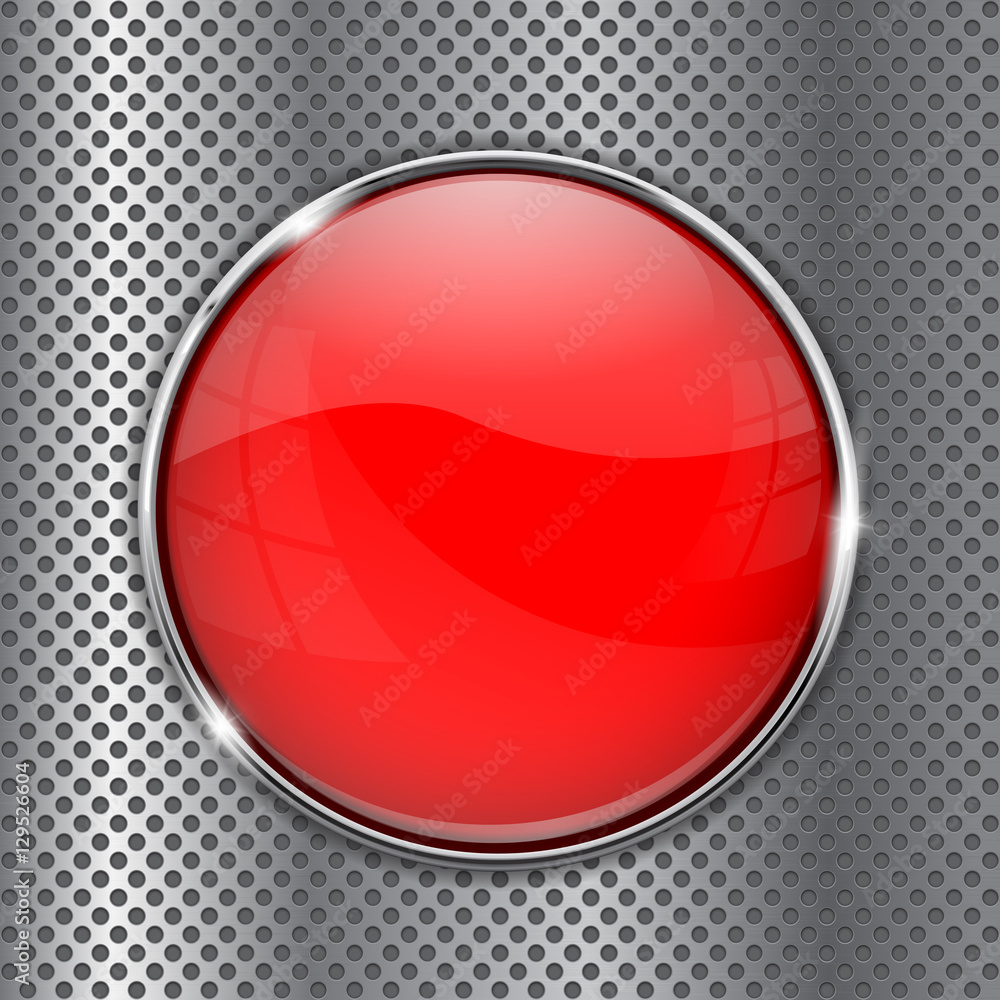 Red glass button on metal perforated background Red glass button on metal perforated background