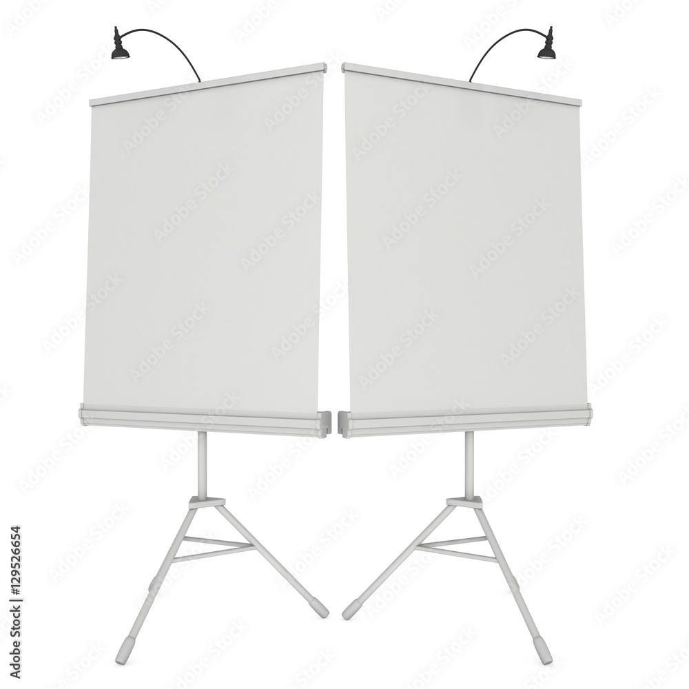 Blank Roll Up Expo Banner Stand on Tripod. Trade show booth white and blank. 3d render illustration isolated on white background. Template mockup for your expo design. Blank Roll Up Expo Banner Stand on Tripod. Trade show booth white and blank. 3d render illustration isolated on white background. Template mockup for your expo design.