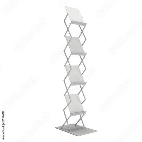 Trade show booth Magazine Rack white and blank. 3d render isolated on white background. High Resolution. Ad template for your design.