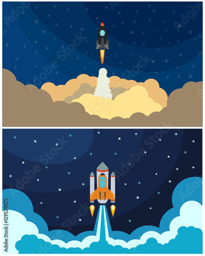 Set of space rocket launch. Vector illustration with flying rocket. Space travel. Project development. Creative idea.
