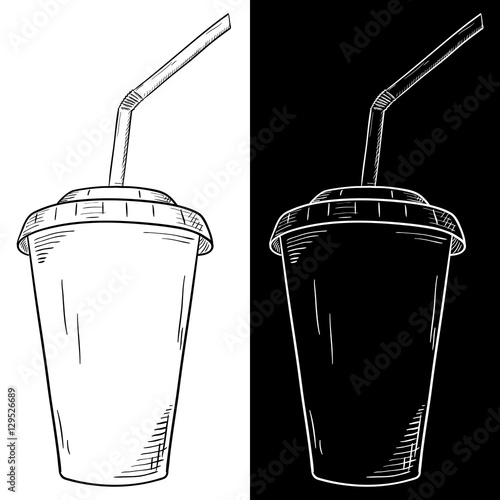 Drink in disposable paper cup with straw. Hand drawn sketch