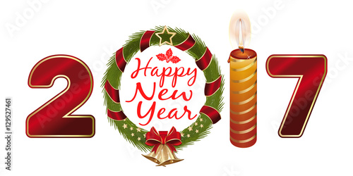 New Year 2017. Creative greeting card design with Christmas wreath, a burning candle, gold jingle bells and greetings - Happy New Year. Vector illustration