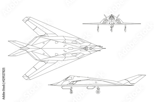 Military aircraft. Contour drawing of war plane. Airplane views: