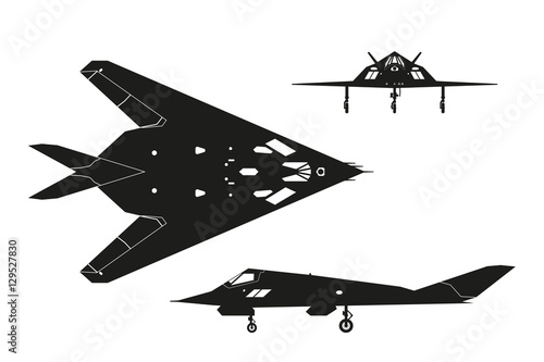 Military aircraft. Silhouette of war plane. Airplane views: top,