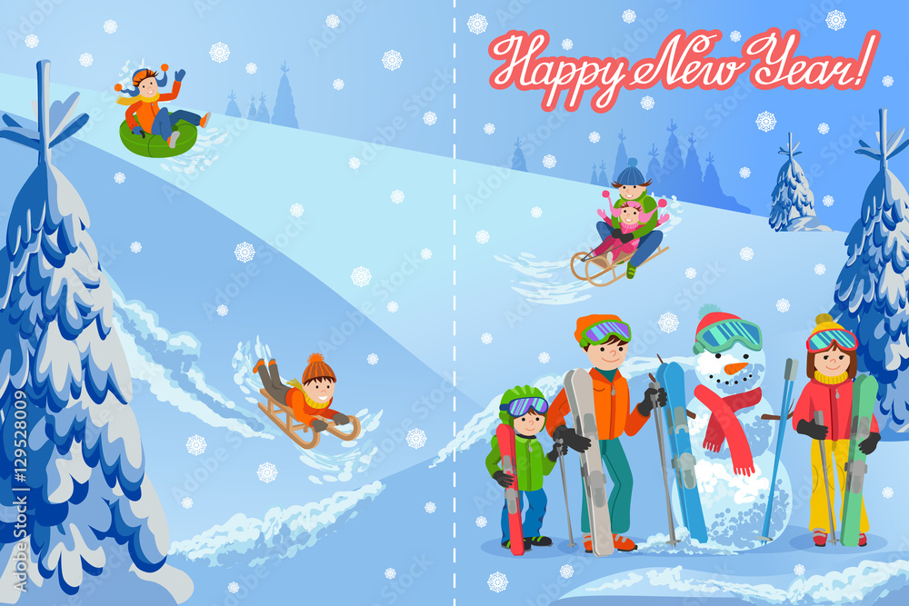 Vector illustration of new year congratulation card with winter landscape happy family playing snowman, skiing, sleding walking outdoor.