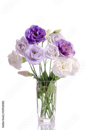 bunch of white and violet eustoma flowers in glass vase