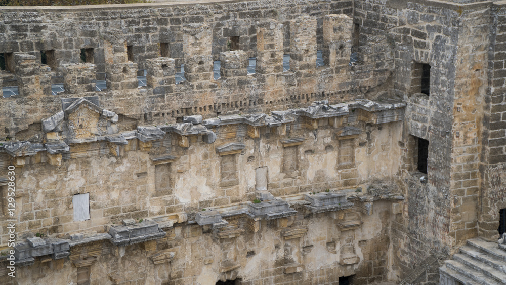 Detail view of historical old ancient city of Aspendos amphitheater in Antalya.- TURKEY
