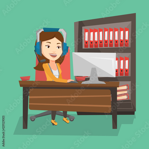 Woman playing computer game vector illustration.