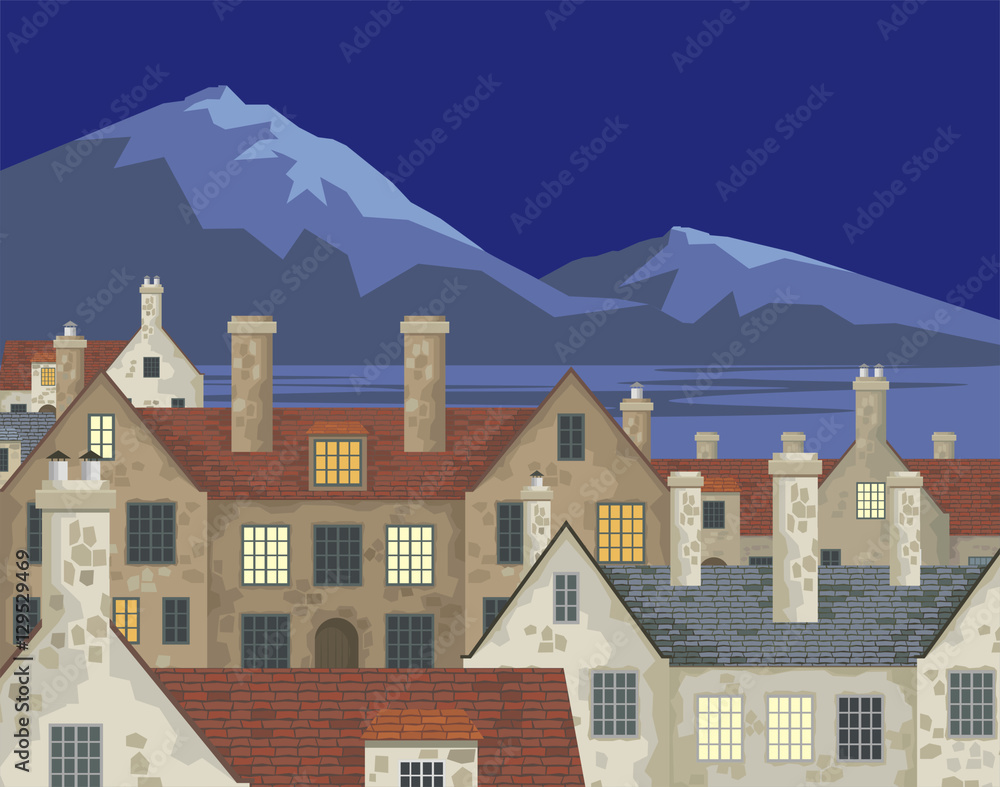 Image of small English villages with old stone houses. Night townscape. Vector illustration.