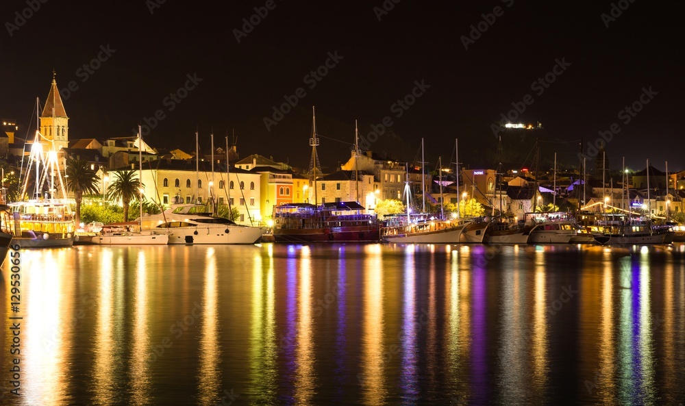 Beautiful night landscape of Makarska city, popular resort in Croatia