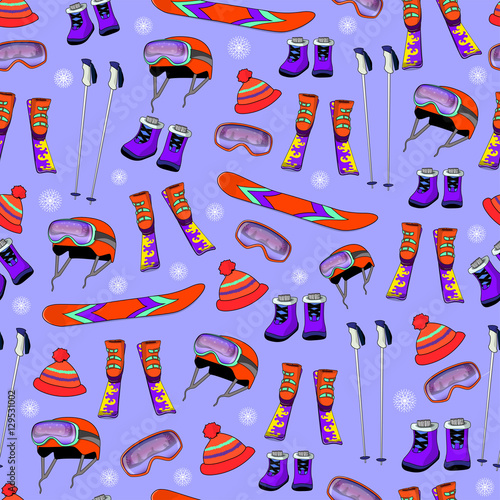 Winter activity seamless pattern. Winter sports snowboarding and skiing outdoor pattern background.