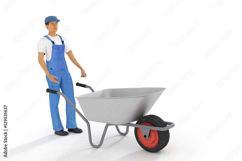 Construction worker with wheelbarrow, 3d illustration Construction worker with wheelbarrow, 3d illustration