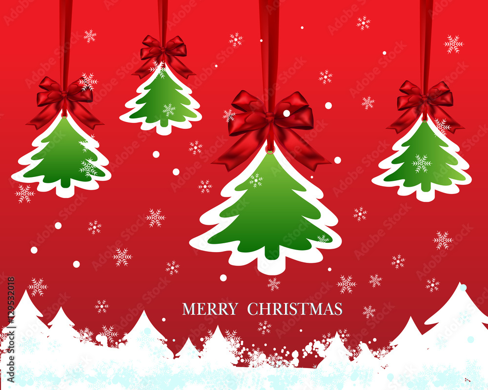 Christmas paper card with hanging red bow ribbon and tree, Snow falling. Winter background. Vector illustration. Christmas paper card with hanging red bow ribbon and tree, Snow falling. Winter background. Vector illustration.
