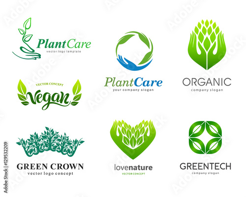 Set of logos. Plant care, eco, organic. Healthy eating and a healthy lifestyle 