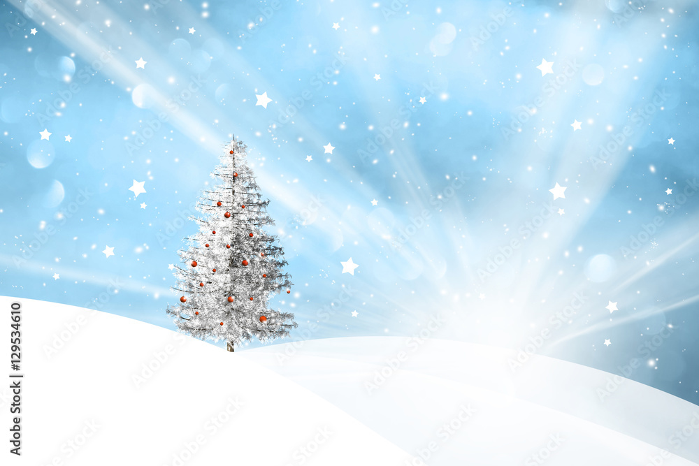 Winter snowfall landscape with sun beams and with lovely snowy Christmas tree decoration background. Merry Christmas and New Year holiday greeting card illustration with place for text.