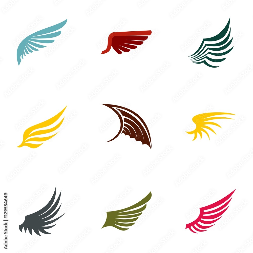Feather wings icons set. Flat illustration of 9 feather wings vector icons for web Feather wings icons set. Flat illustration of 9 feather wings vector icons for web
