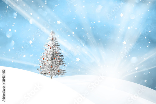 Winter snowfall landscape with sun beams and with lovely snowy Christmas tree decoration background. Merry Christmas and New Year holiday greeting card illustration with place for text. © robsonphoto
