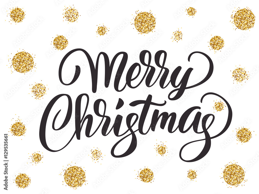 Merry christmas card with hand drawn lettering and golden glitter dots Merry christmas card with hand drawn lettering and golden glitter dots