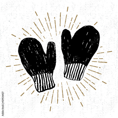 Hand drawn label with textured mittens vector illustration.