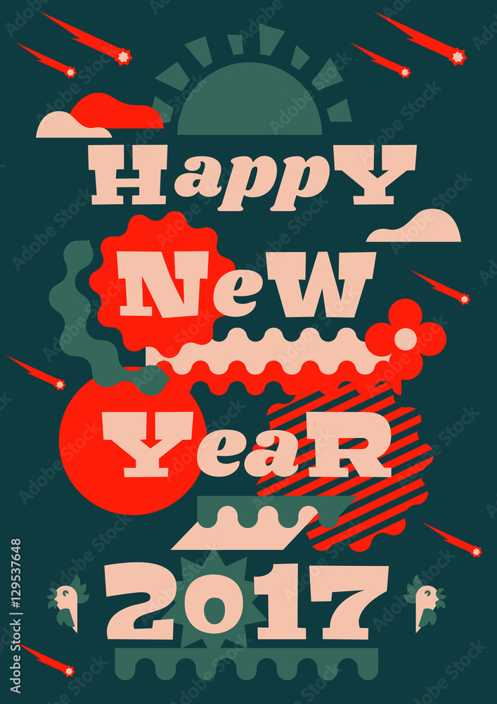 Greeting card happy new year. Typographical printing. Year of the rooster. Sunrise, clouds, stars. Animals and letters. Bells, ribbon. Label, isolated objects on background. Vector illustration Greeting card happy new year. Typographical printing. Year of the rooster. Sunrise, clouds, stars. Animals and letters. Bells, ribbon. Label, isolated objects on background. Vector illustration
