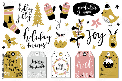Christmas hand drawn set - calligraphy, gift  tags, animals and other elements. photo