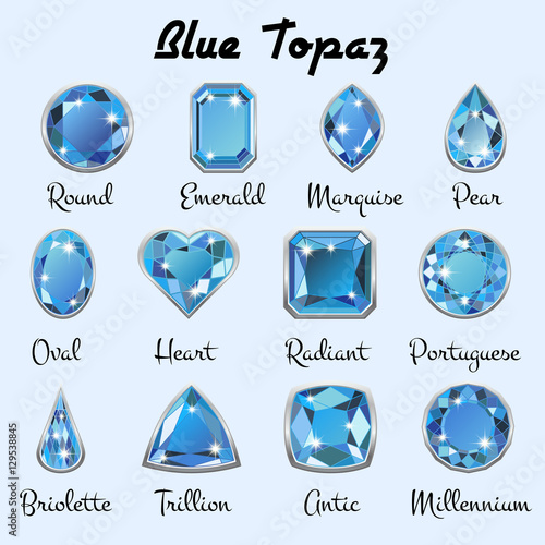 Set of different types of cuts of precious stone Topaz in realistic shapes in light blue color with silver edging. Vector illustration