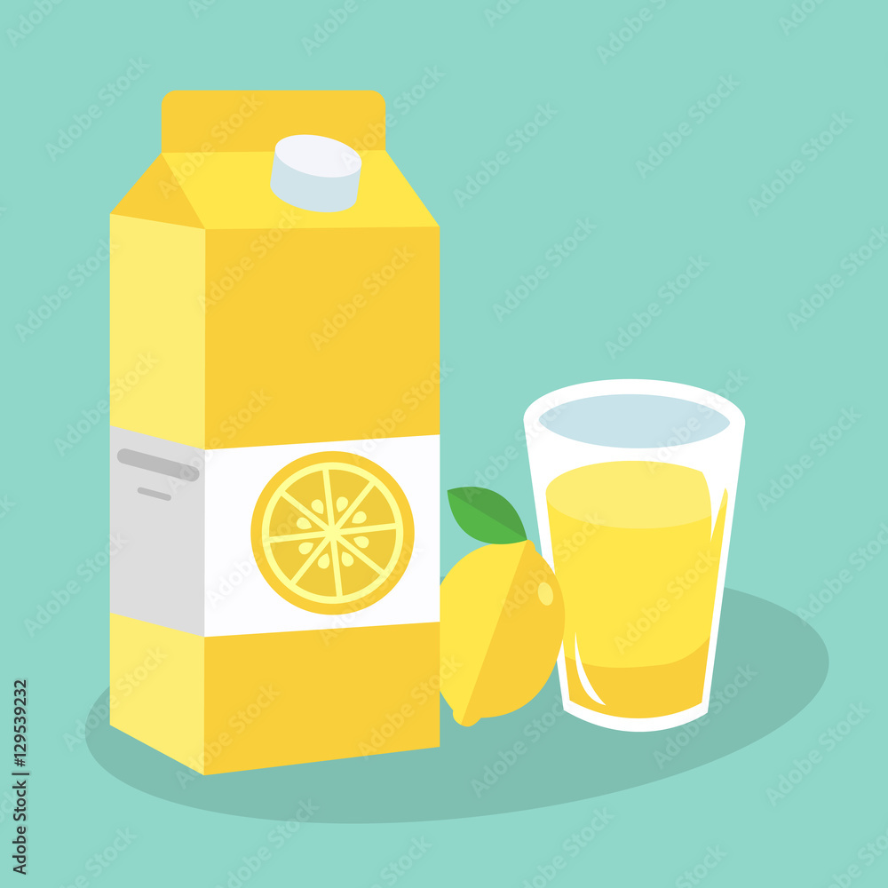 Lemon juice in glass. Carton box. Vector illustration. Flat design style Lemon juice in glass. Carton box. Vector illustration. Flat design style
